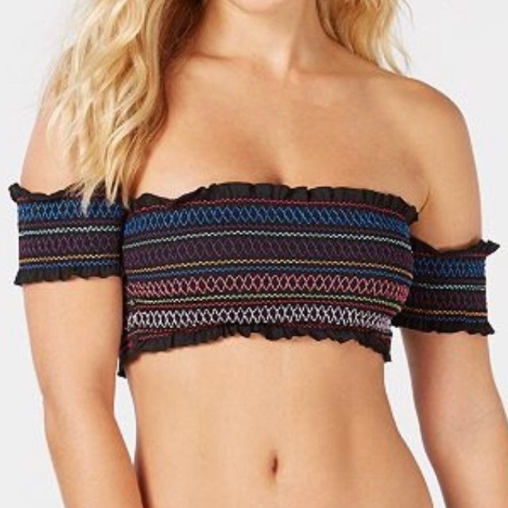 Bar III | Crochet Smocked Off Shoulder Padded Chest Harness Bralette Crop Top